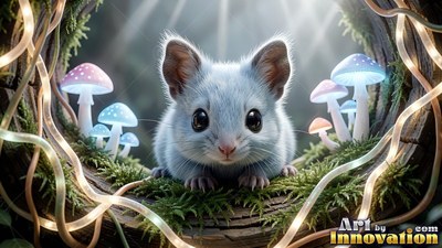 Fluffy blue mouse sitting in a hollow log beside tiny pale mushrooms
