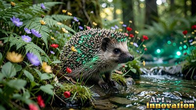 Bright green quills cover a small hedgehog sitting by a stream with wildflowers