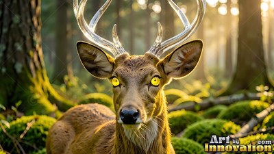 A deer with glass antlers stares forward as sunlight filters through the green forest