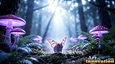 Facing forward, a winged mouse stands in a forest under purple mushrooms