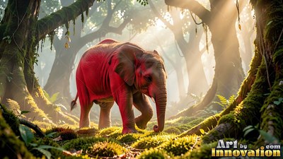 A small red elephant walks across mossy ground in a sunlit green forest