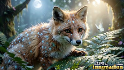 In a sunny forest, a spotted red fox crouches behind green fern leaves
