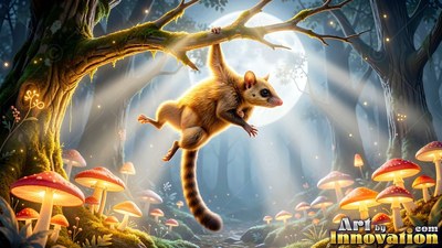 Hanging from a tree branch, a small furry critter swings above red mushrooms in the moonlight