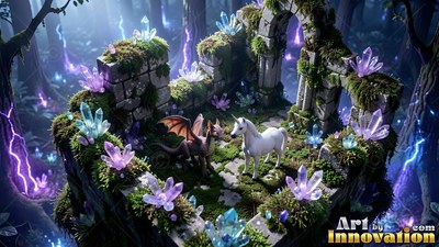A tiny dragon and white unicorn stand in ruins with purple crystals