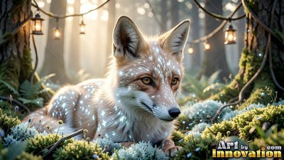 Speckled with bright white spots, a small fox rests on moss under lanterns in a sunlit forest