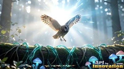 A small owl lands on a log wrapped in bright blue vines under a flash of white sunbeams