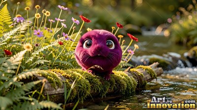 Facing forward on a mossy log over a stream, a fuzzy purple creature looks out
