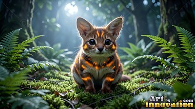A small striped cat sits on green moss in the bright sunlight of a leafy forest