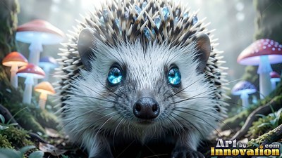 In a forest near red mushrooms, a blue-eyed hedgehog sits close to the ground