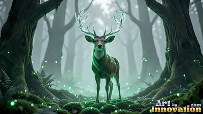 Standing in a foggy forest, a green-tinted deer looks forward between mossy trees