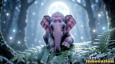 A tiny purple elephant rests on a green fern under the moon
