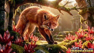 Fluffy red fur covers a fox creeping past shiny red crystals on mossy ruins in the sun