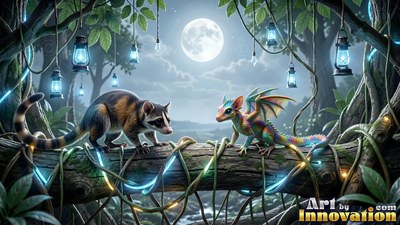 A raccoon and a small dragon face each other on a branch under cool moonlit skies