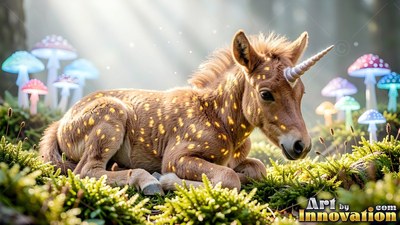 Lying down on green moss in sunlight, a small unicorn rests near mushrooms