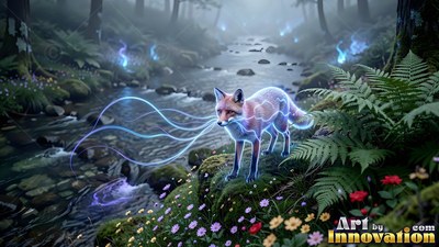 A red fox stands on a mossy creek bank with blue light drifting from its nose