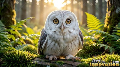 In a sunny forest, a fluffy white owlet sits on a mossy log between green ferns