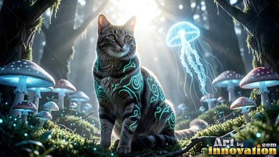 Sitting in a sunlit forest, a striped cat with teal patterns watches a floating jellyfish