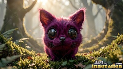 A fuzzy purple critter with huge eyes sits on moss in the woods