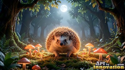 Spiky brown quills cover a small hedgehog sitting among bright orange mushrooms in a dark forest under the moon