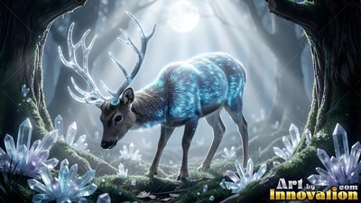 A deer with crystal antlers steps through a forest lit by pale moonlight