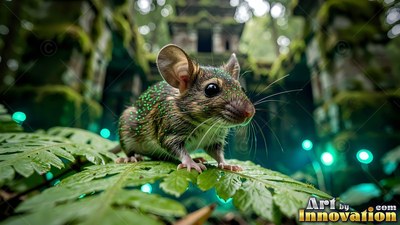 Crouched on a broad fern, a tiny mouse pauses near mossy stone ruins