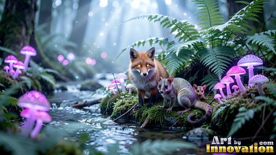 A small red fox and two possums sit by a stream surrounded by purple mushrooms