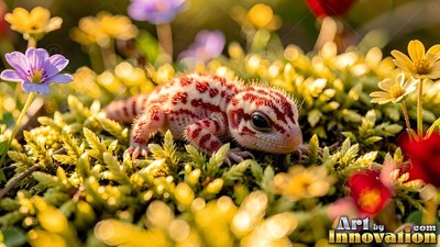 In sunlit moss with small flowers, a tiny red-and-white spotted reptile crawls