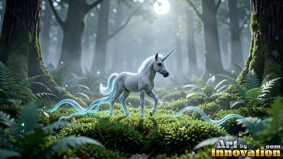 Walking on green moss, a white unicorn trails long ribbons in a misty forest