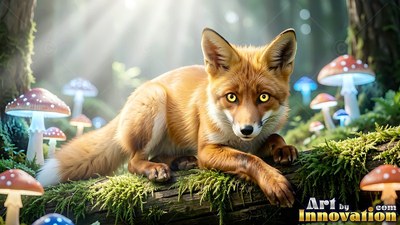 A red fox rests on a mossy log near bright mushrooms