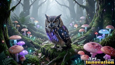 Shining purple chest feathers stand out on a small owl perched on a mossy log surrounded by pink mushrooms