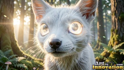 A fluffy white critter stares ahead with huge eyes as bright sunlight shines through trees