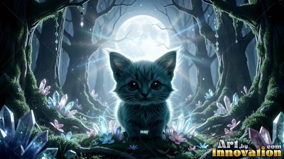 Facing forward in a moonlit forest, a fluffy blue kitten sits beside crystals