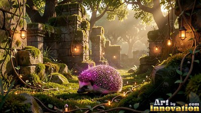 A little purple hedgehog walks through mossy stone ruins lit by small hanging lanterns