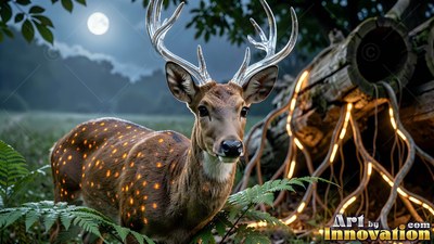 In a moonlit forest clearing, a spotted deer stands beside a hollow log