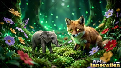 Walking through mossy woods, a tiny elephant meets a red fox among flowers