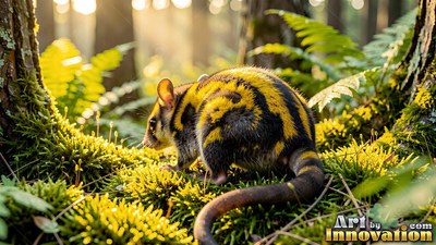 Small yellow and black striped mouse walks on green moss in the forest