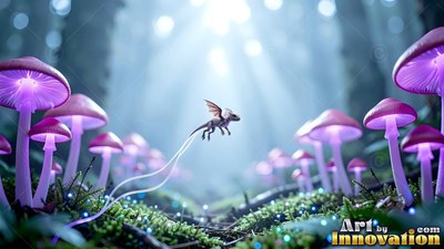 With tiny brown wings, a small dragon flies past bright purple mushrooms in a misty forest