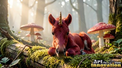 A tiny red unicorn rests on a mossy log near spotted mushrooms in soft sunlight