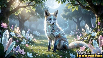 Sitting upright in a sunlit forest, a white fox rests among pale crystals