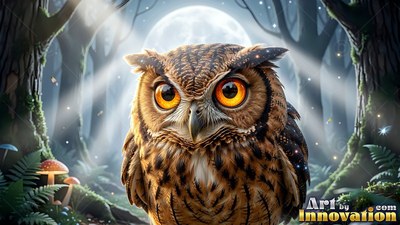 An owl with bright orange eyes sits in the woods under moonlight