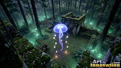 In mossy stone ruins within a dark forest, a purple jellyfish floats with lanterns