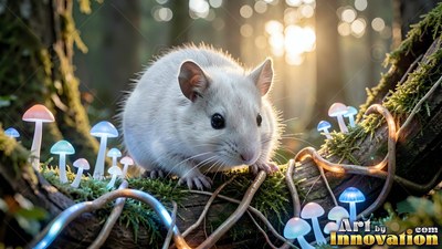 Sitting on a mossy branch, a fluffy white mouse looks out beside blue mushrooms