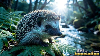 A spiky hedgehog on green ferns in bright sunlight