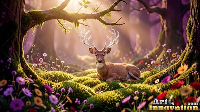 Pale white antlers top a deer resting on mossy ground in a sunlit forest of wildflowers