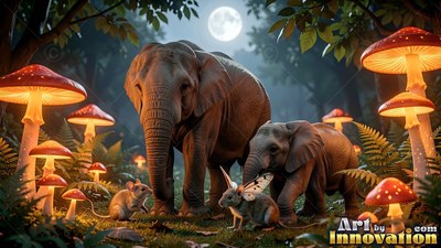 Two elephants walk beside tiny mice by warm orange mushrooms in a dark forest