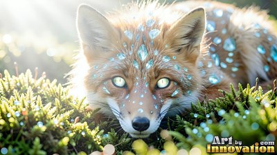 Lying low in green moss, a red fox rests with pale blue crystals on its fur