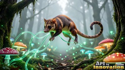 A small striped possum balances on green light strands in a foggy mushroom forest