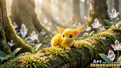 In a sunny forest, a tiny yellow creature rests on a mossy log near crystal flowers
