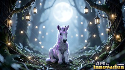 Sitting under a bright moon, a small white unicorn rests near hanging lanterns