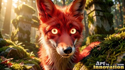 Red fox with bright yellow eyes in a sunny forest